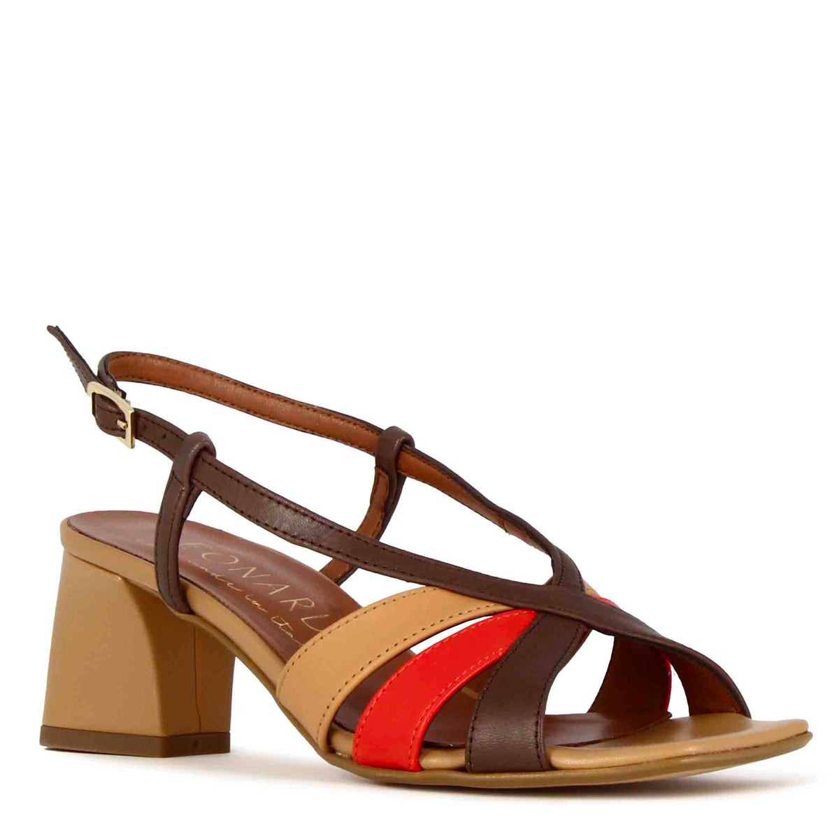 Classic women's sandal in light brown leather with multicoloured bands