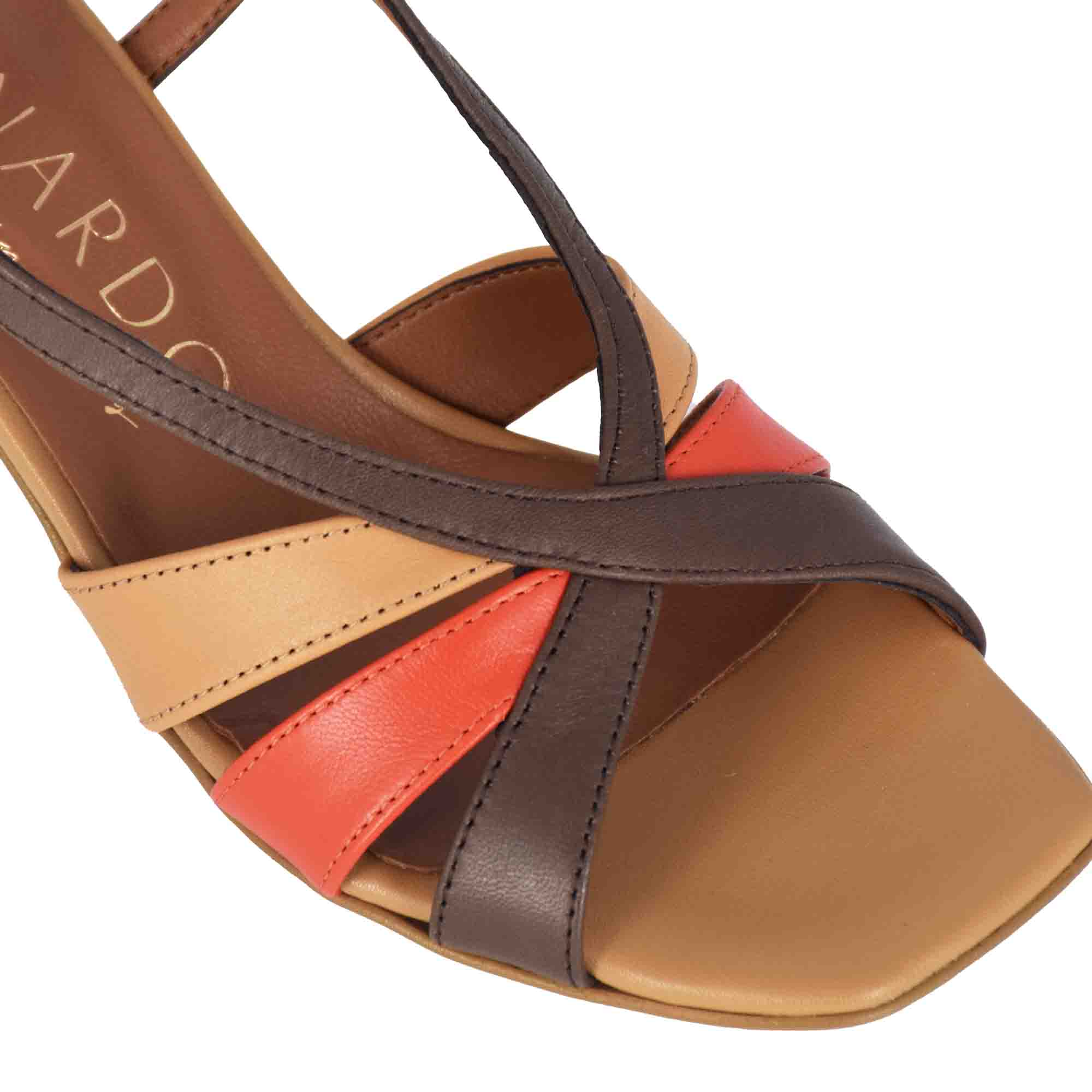 Sandalo da donna classico in pelle colore marrone chiaro con fasce multicolore