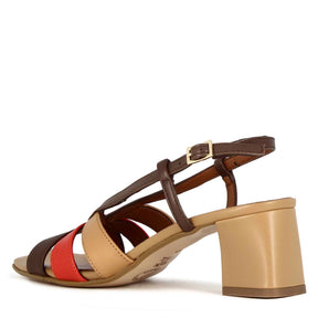 Classic women's sandal in light brown leather with multicoloured bands