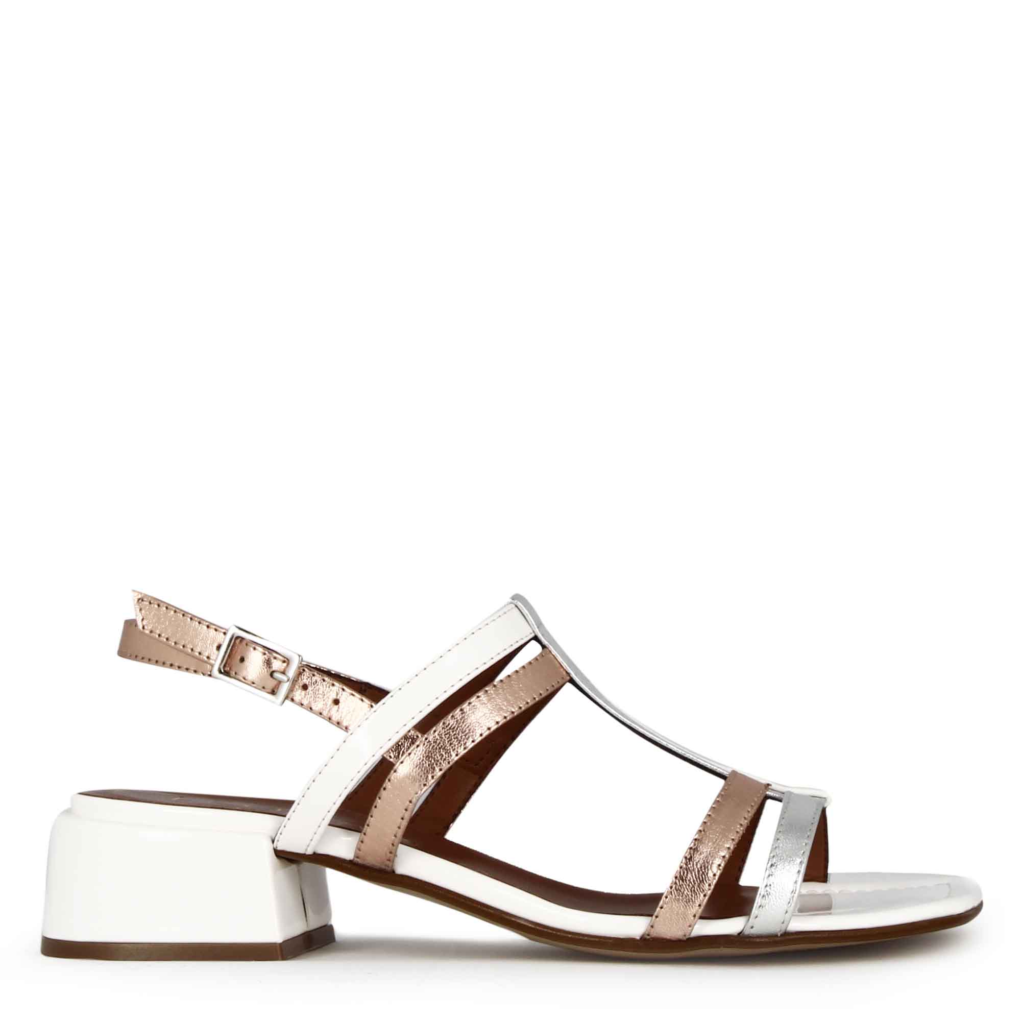 Women's sandal with white and silver patent leather bands