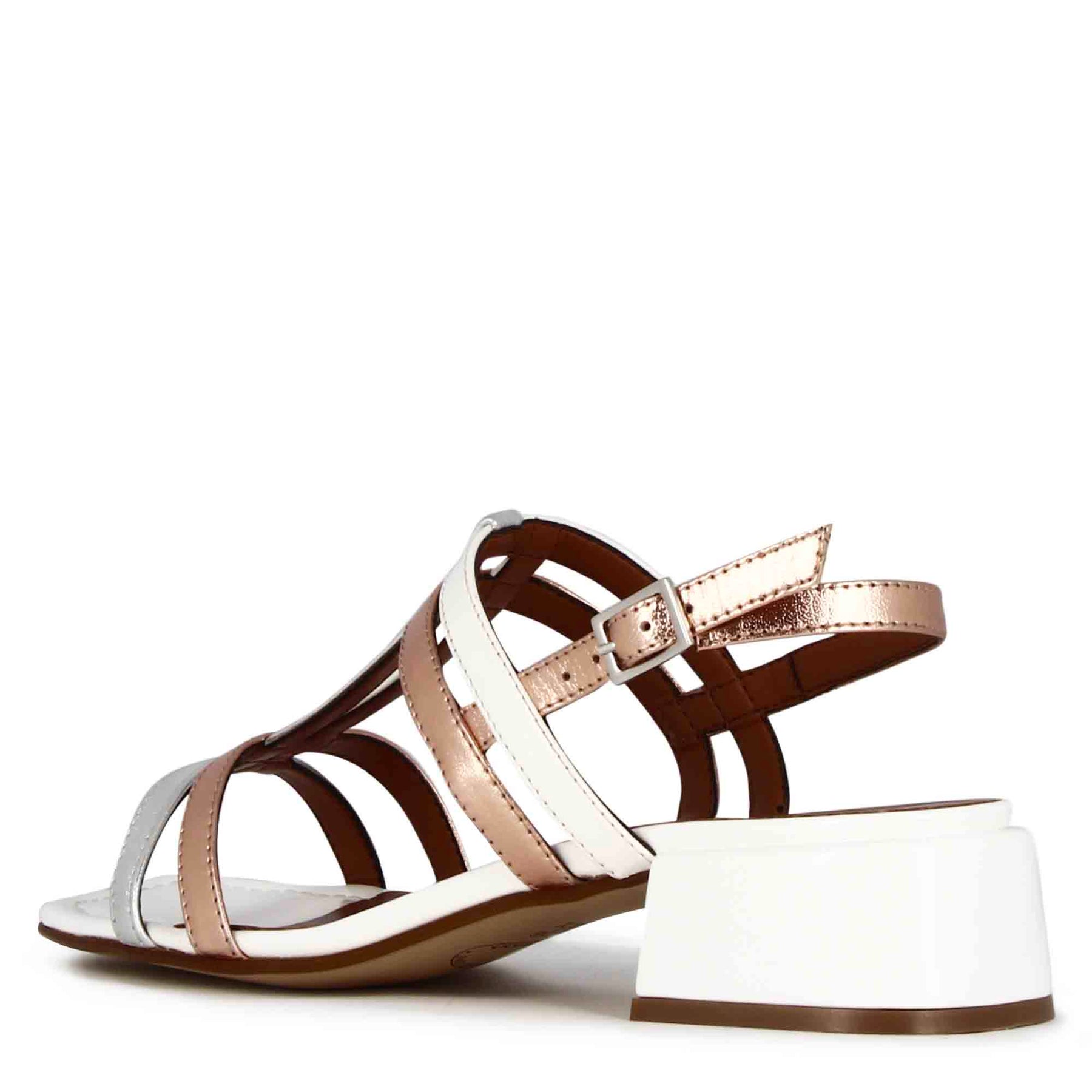 Women's sandal with white and silver patent leather bands