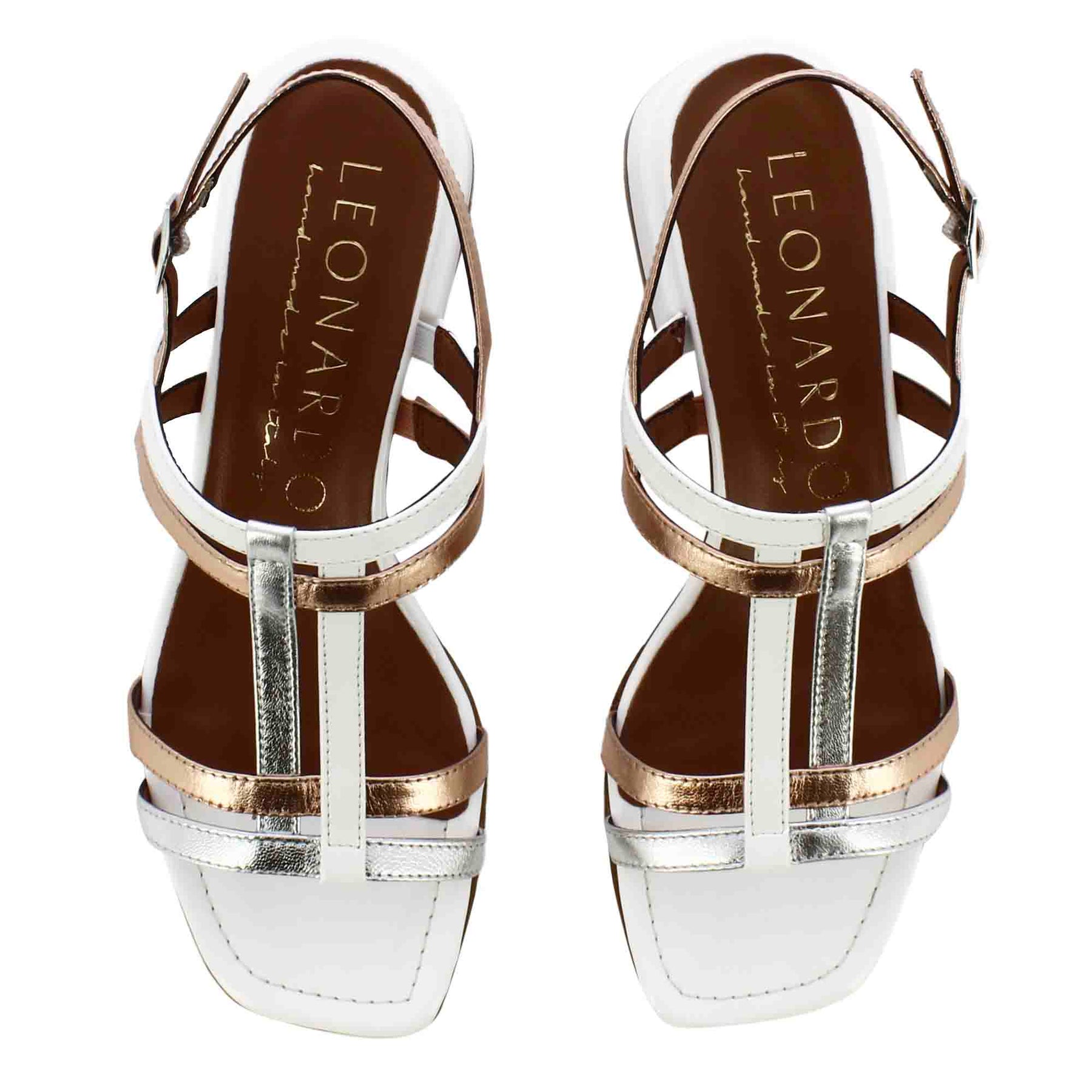Women's sandal with white and silver patent leather bands