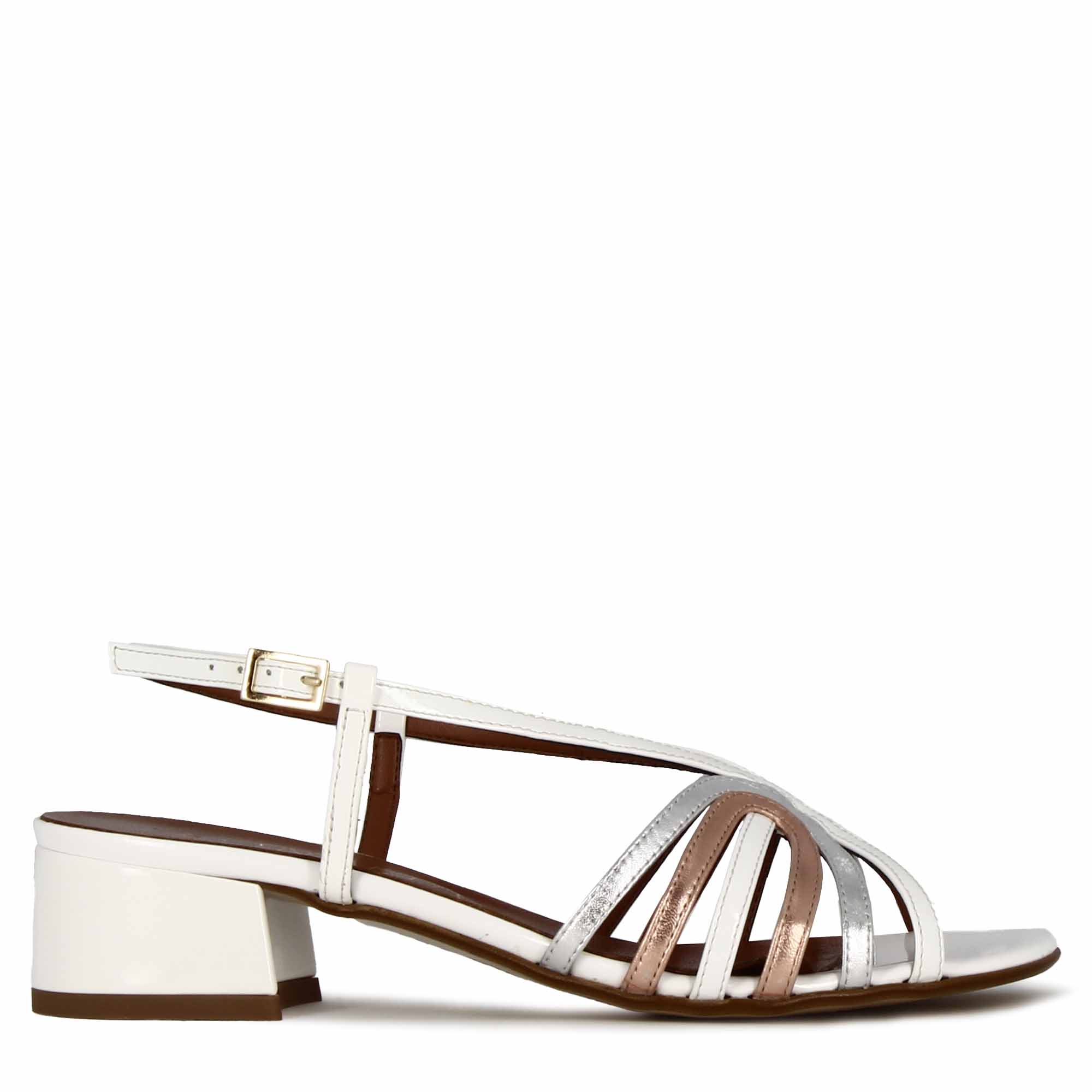 Sandale pour femme avec bandes en cuir laminé couleur cuivre et or