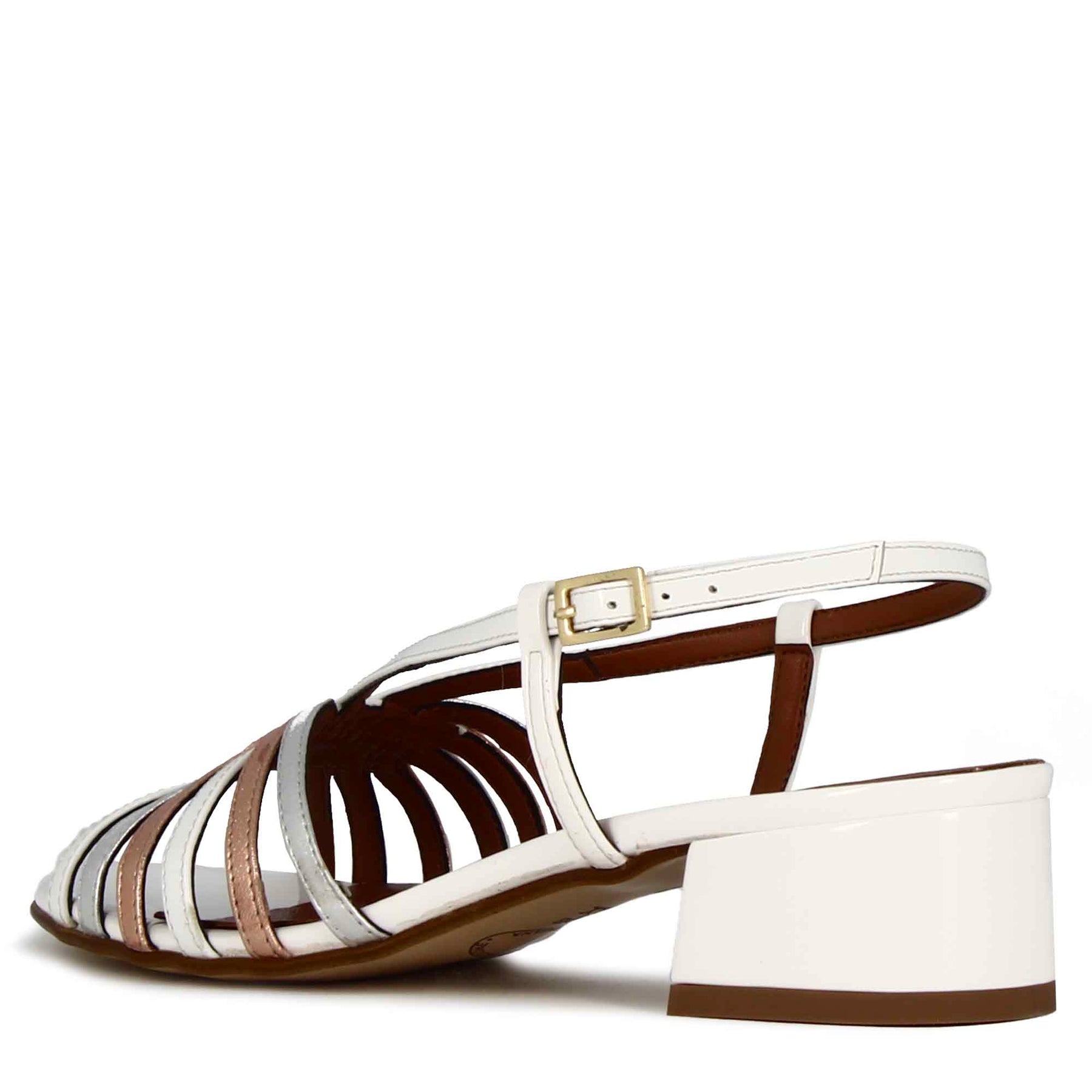 Women's sandal with copper and gold colored laminated leather bands