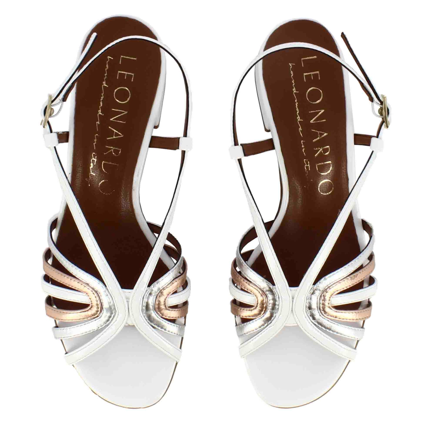 Women's sandal with copper and gold colored laminated leather bands