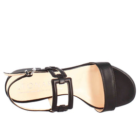 Sandalo aperto da donna con tacco basso in pelle effetto glitter colore nero