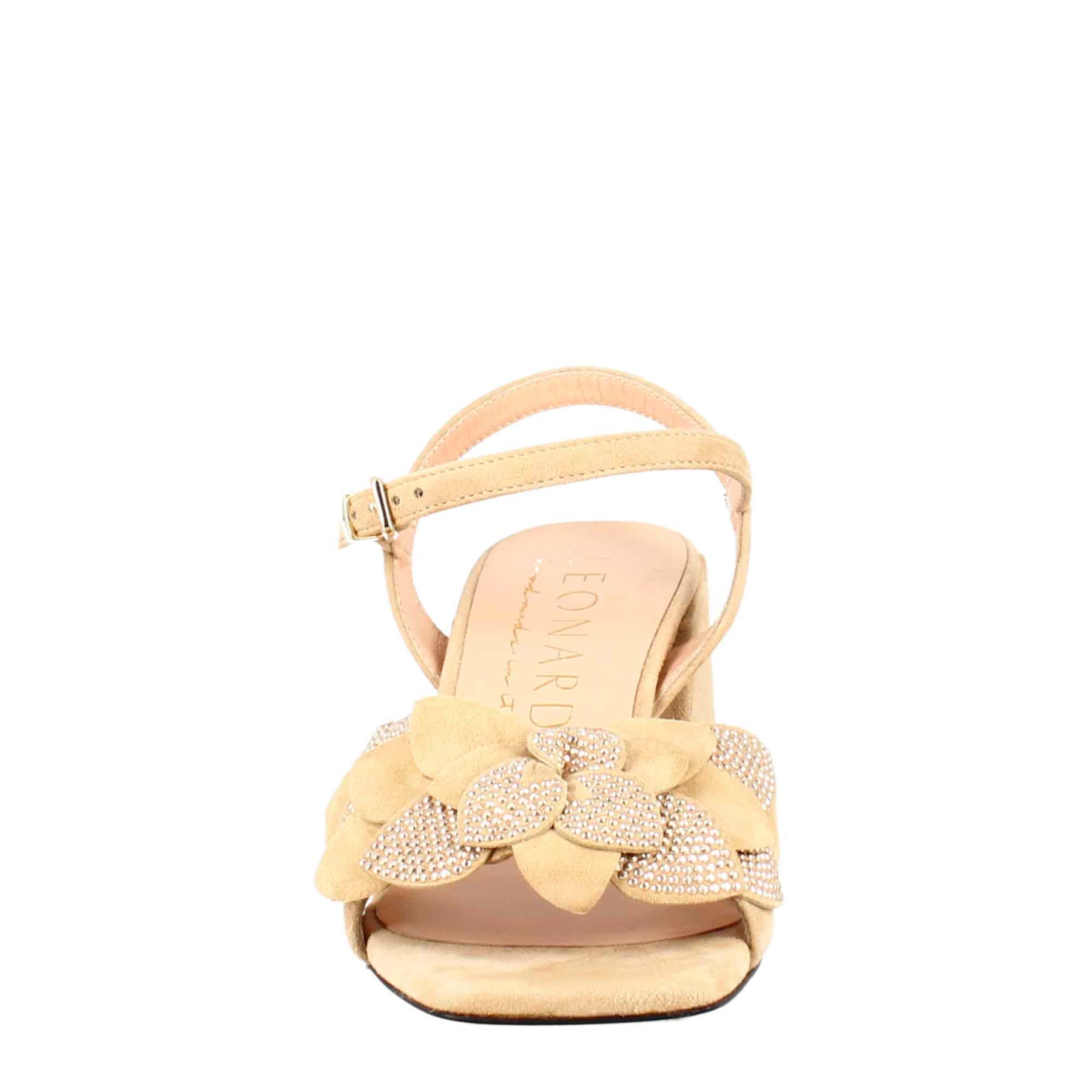 Sandalo da donna in pelle scamosciata beige con glitter applicati