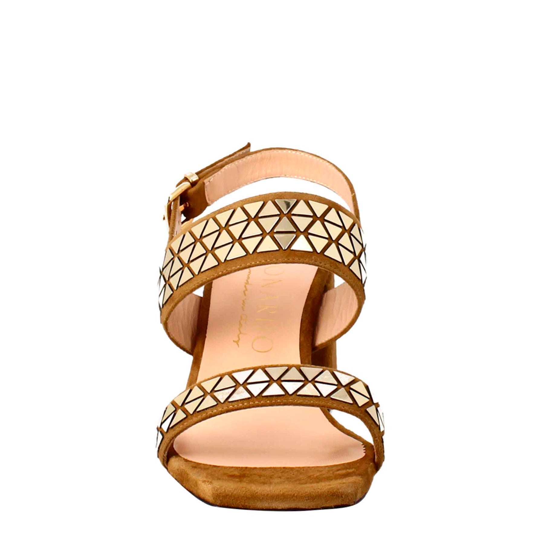 Sandalo da donna in pelle scamosciata marrone con glitter applicati