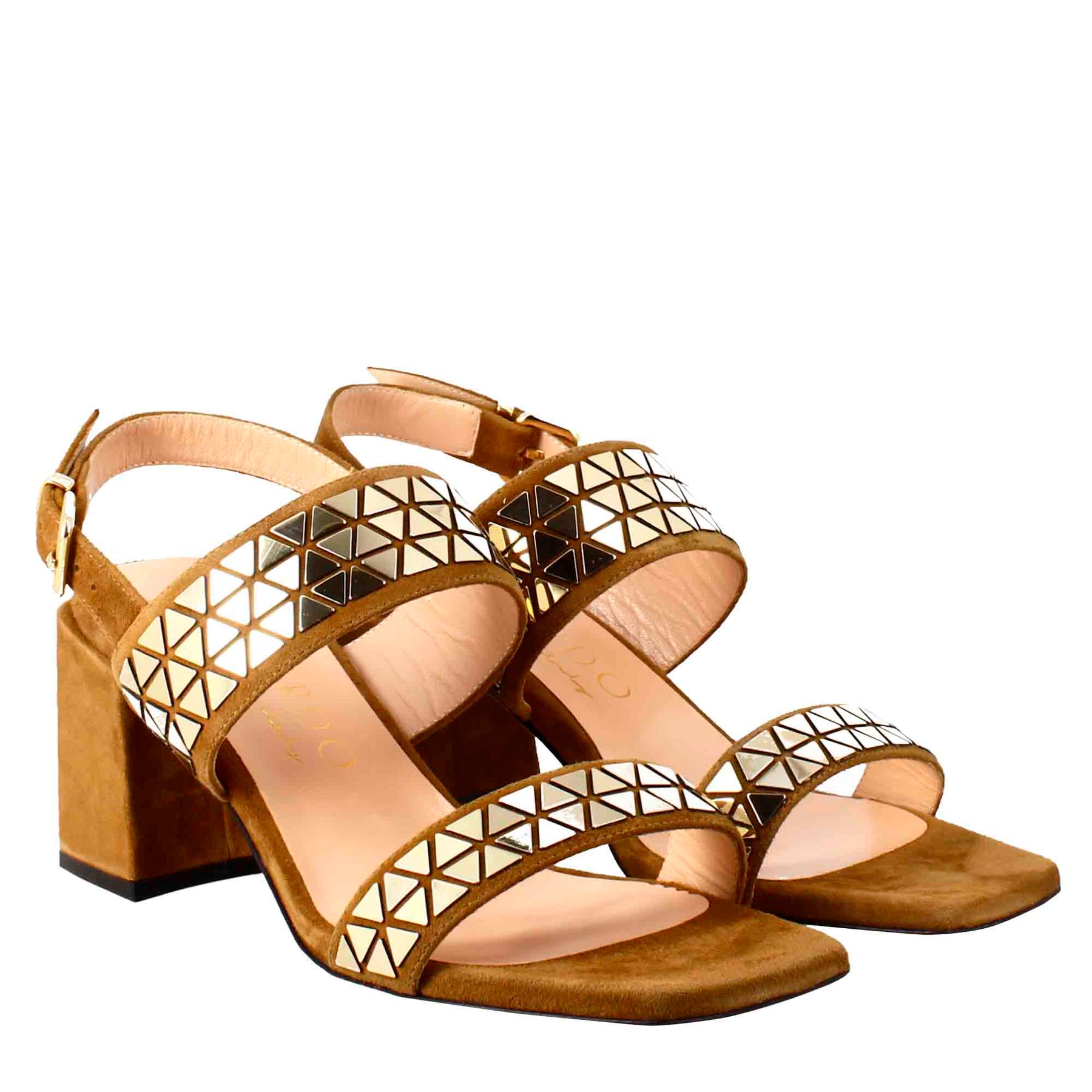 Women's sandal in brown suede with applied glitter 