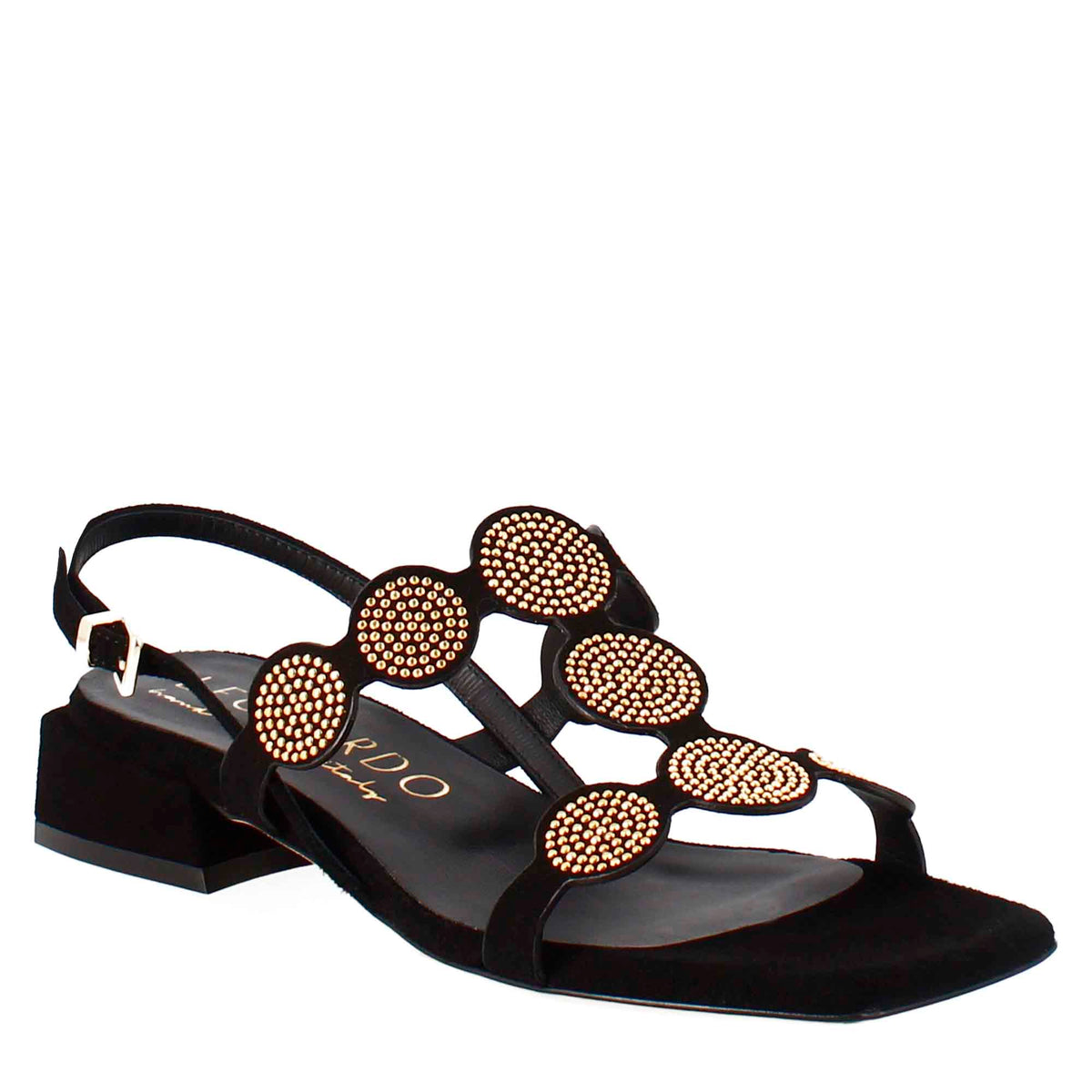 Square-shaped women's sandal in black suede with glitter 