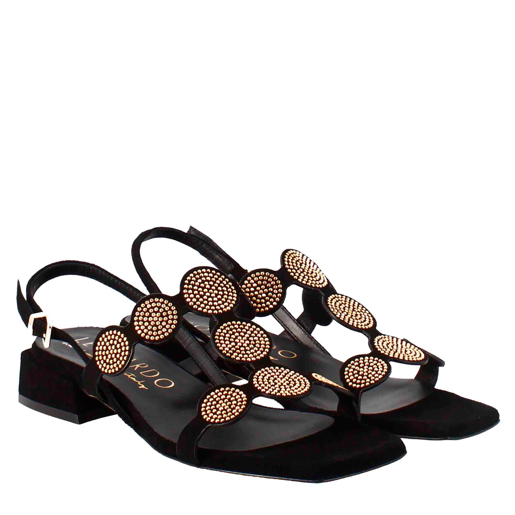 Square-shaped women's sandal in black suede with glitter 
