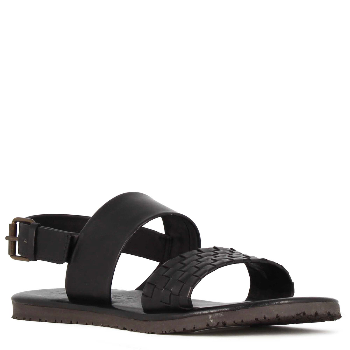 Men's sandal with buckle in black semi-braided leather