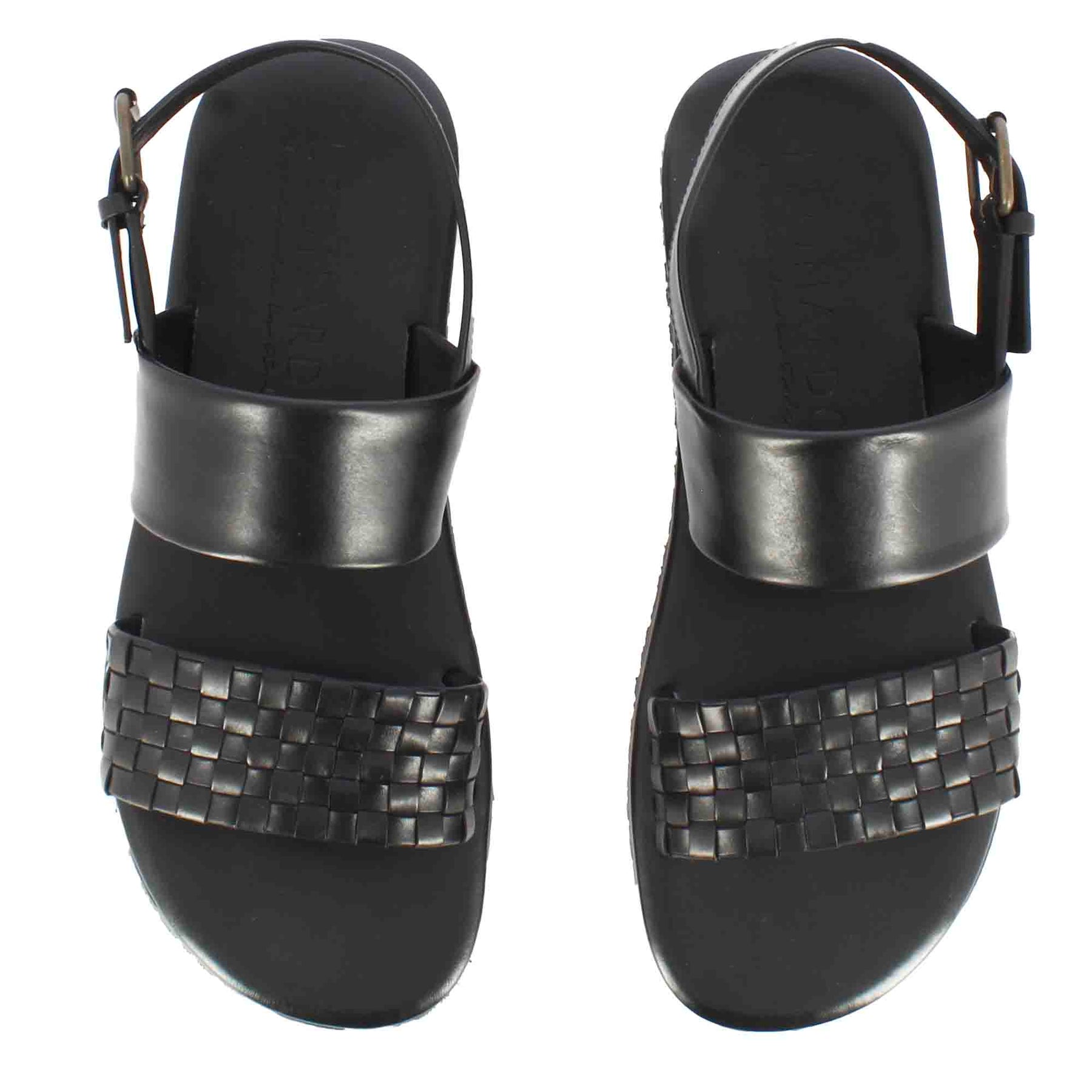 Men's sandal with buckle in black semi-braided leather