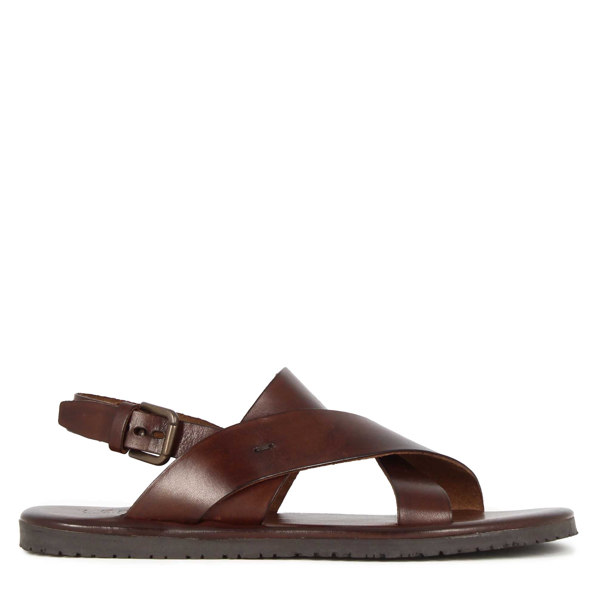 Sandale pour hommes à bandes tressées en cuir marron foncé