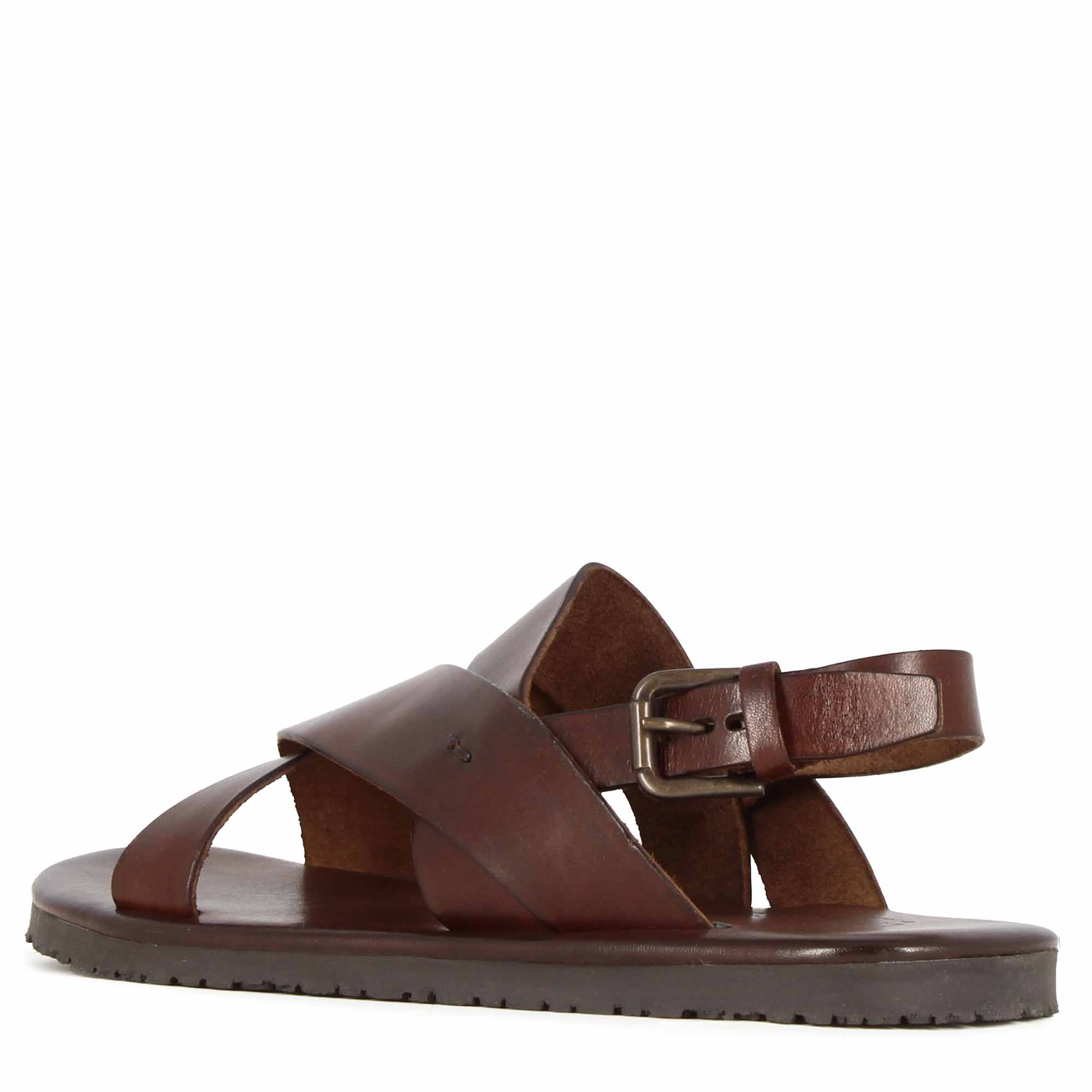 Sandale pour hommes à bandes tressées en cuir marron foncé