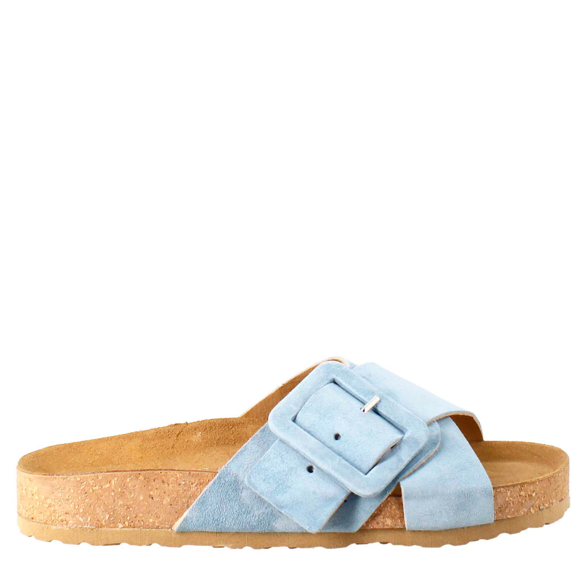 Women's sandal with double band and buckle in light blue suede