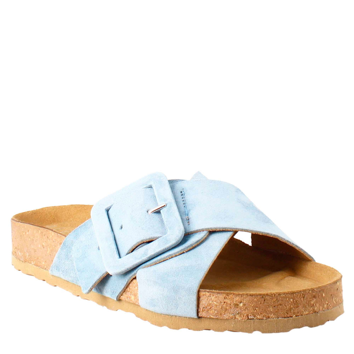 Women's sandal with double band and buckle in light blue suede