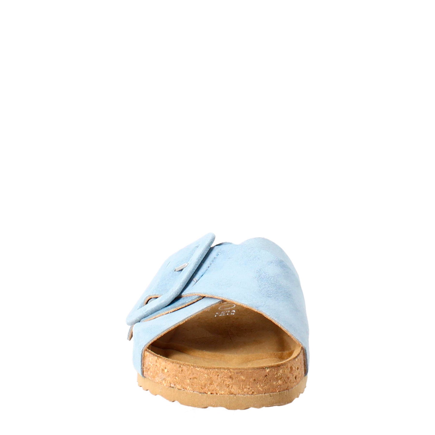 Hellblaue Damen Sandale aus Wildleder mit doppeltem Riemen und Schnalle