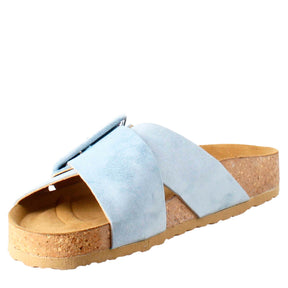 Hellblaue Damen Sandale aus Wildleder mit doppeltem Riemen und Schnalle