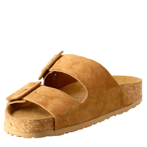 Woman's double buckle sandal in brown suede 