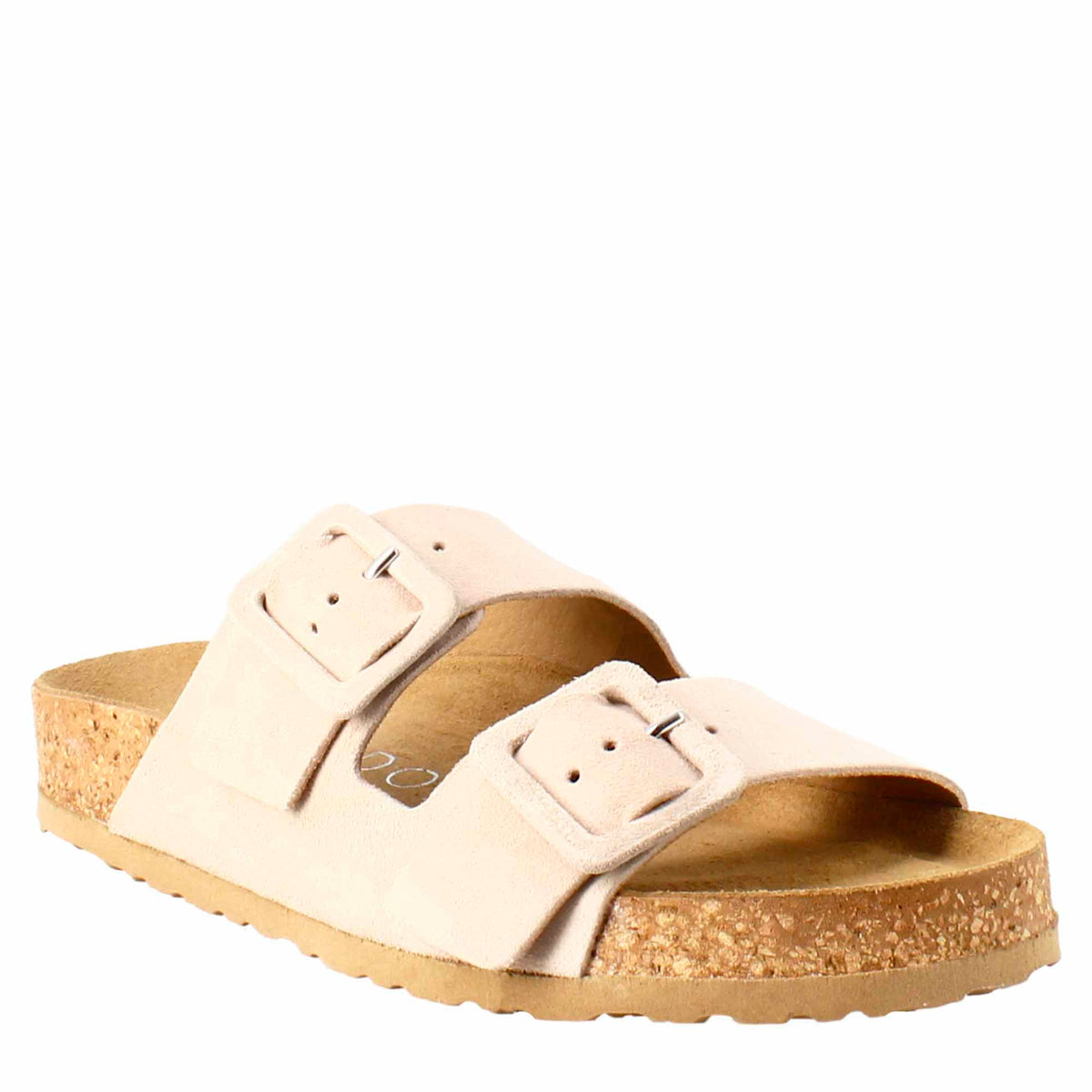 Woman's double buckle sandal in beige suede 