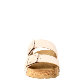 Woman's double buckle sandal in beige suede 