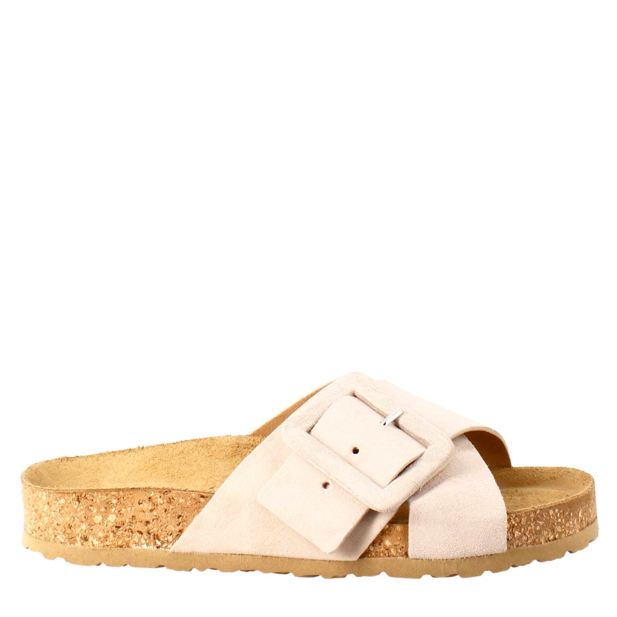 Woman's double band sandal and buckle in beige suede 
