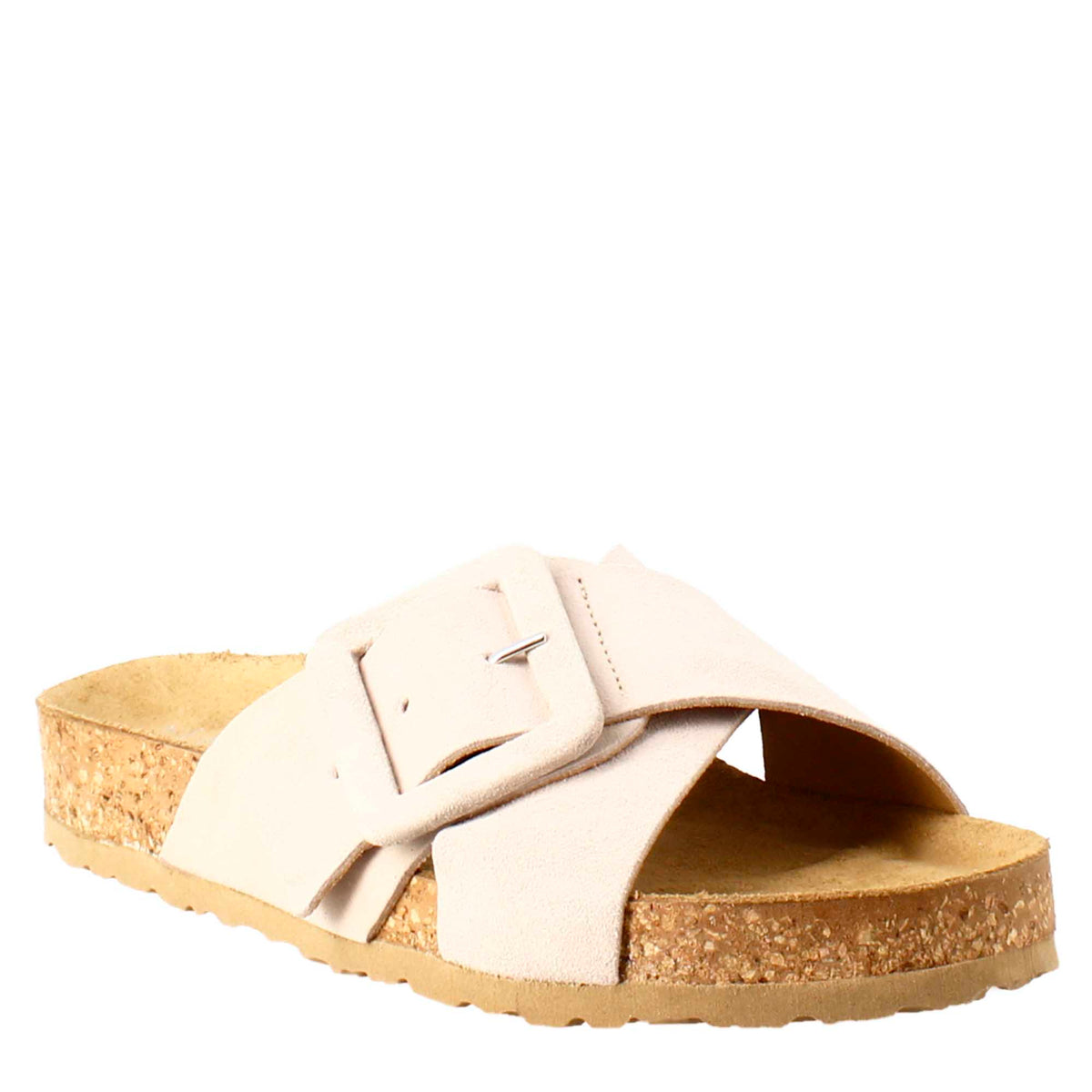 Sandale mit doppeltem Riemen und Schnalle aus beigem Wildleder
