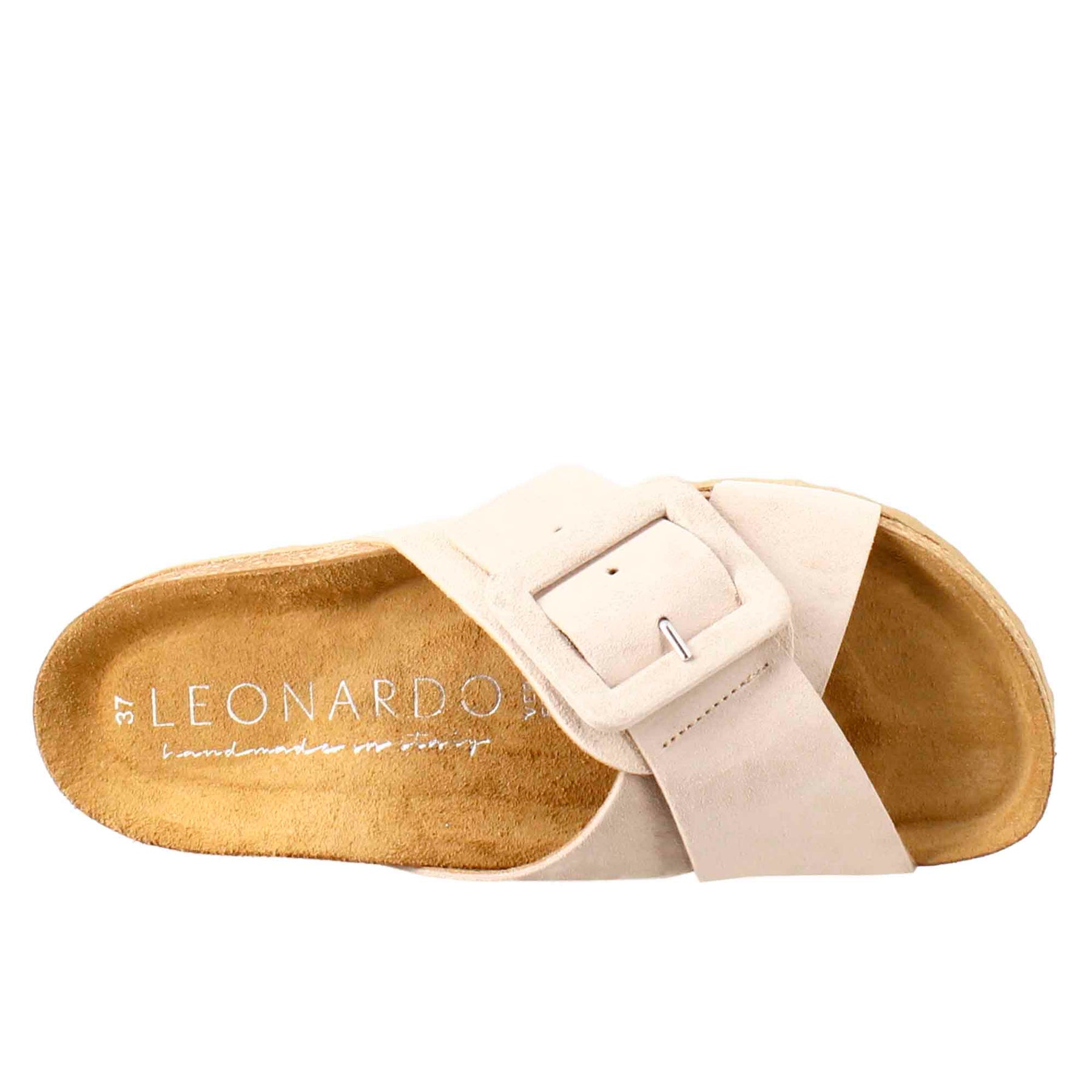 Woman's double band sandal and buckle in beige suede 