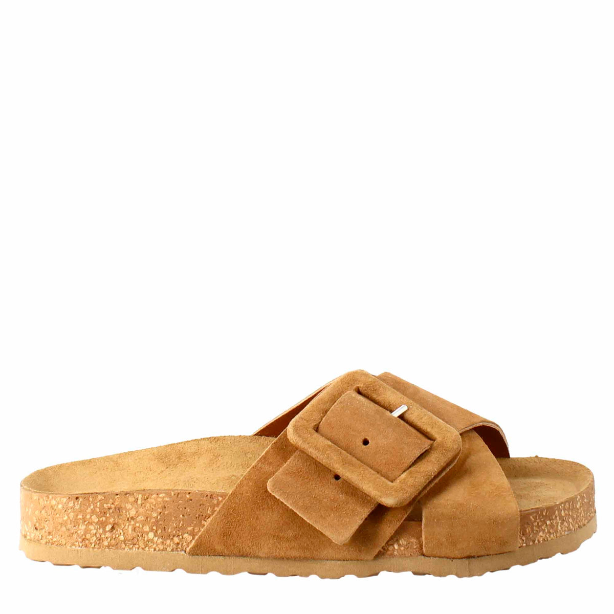 Woman's double band sandal and buckle in brown suede