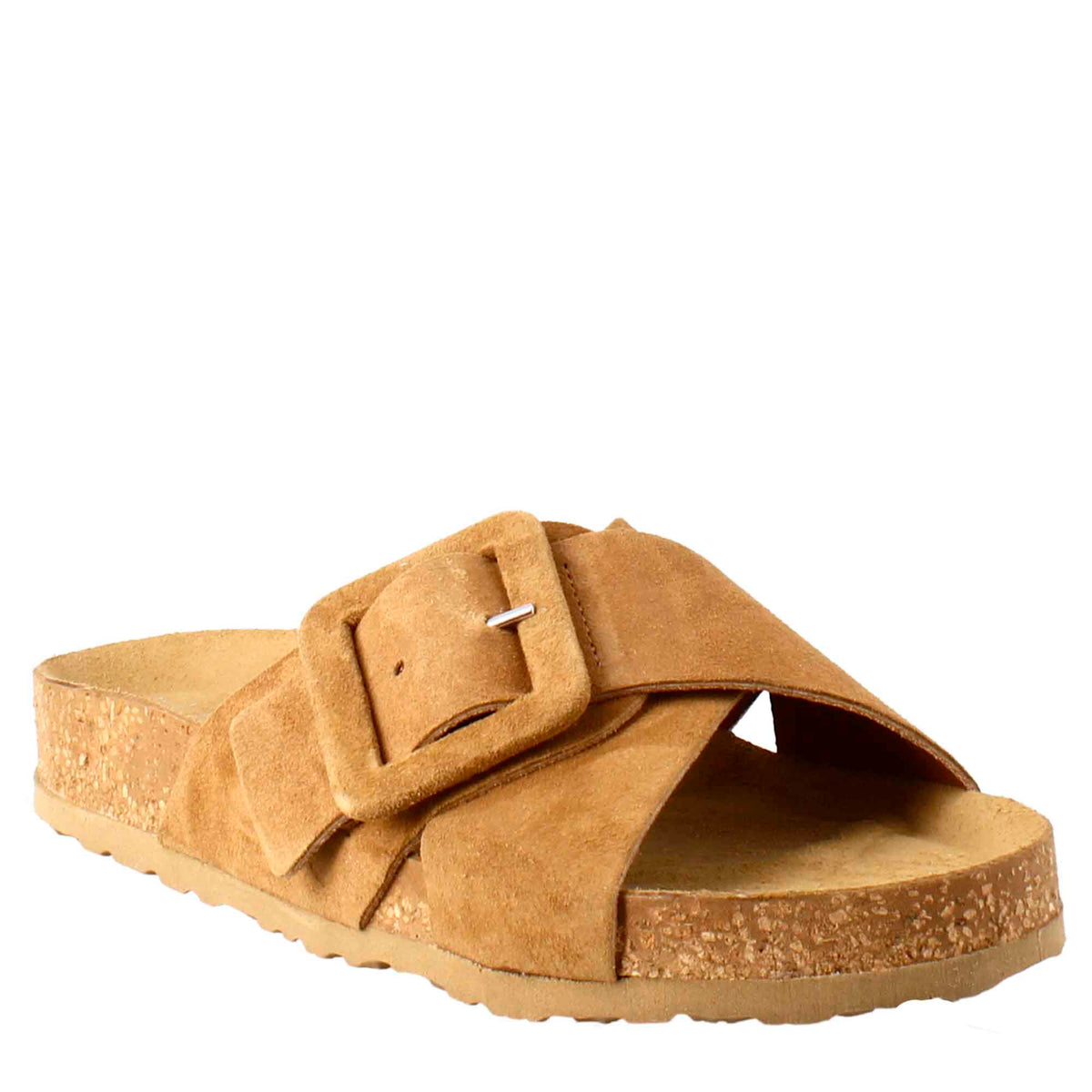 Woman's double band sandal and buckle in brown suede