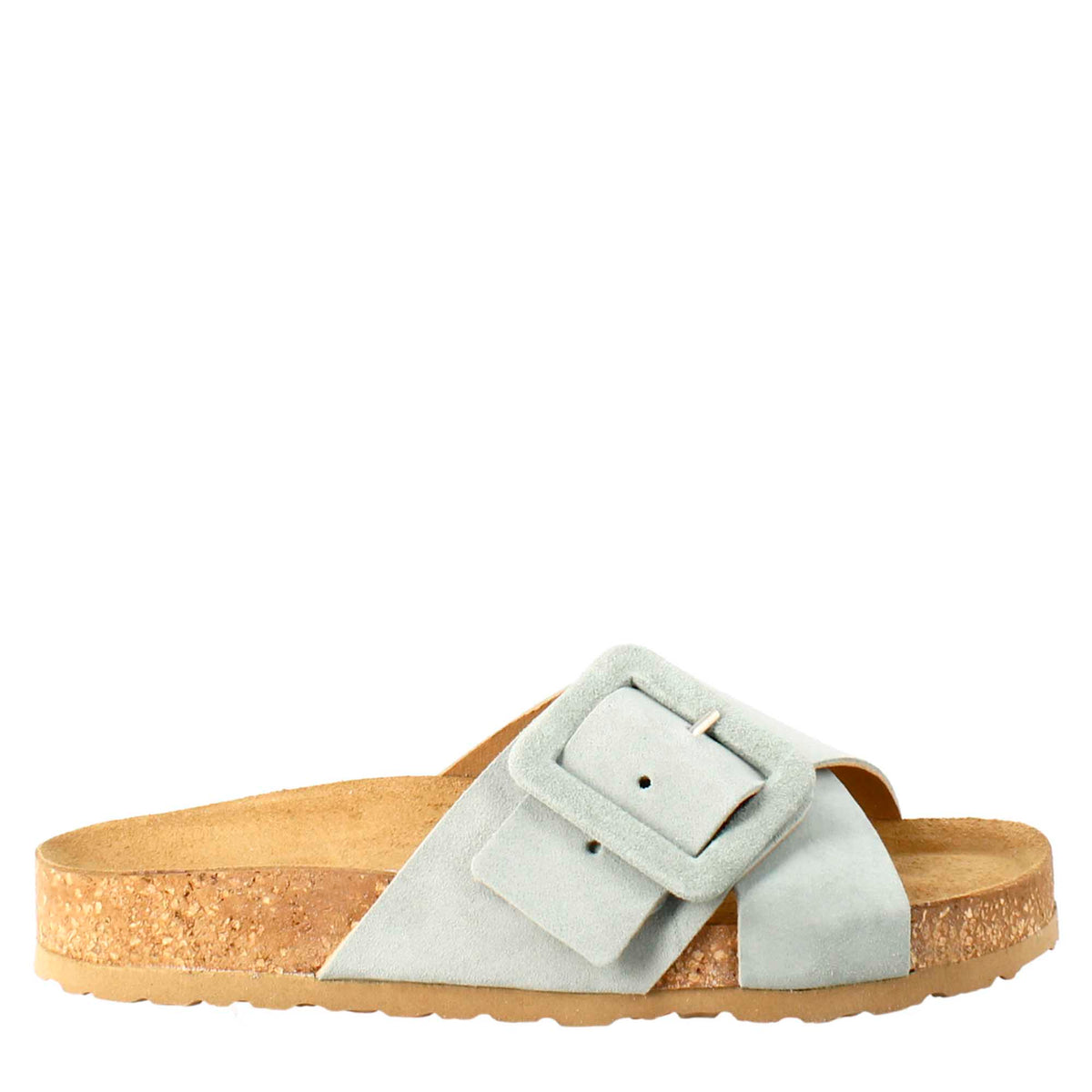 Woman's double band sandal and buckle in green suede 
