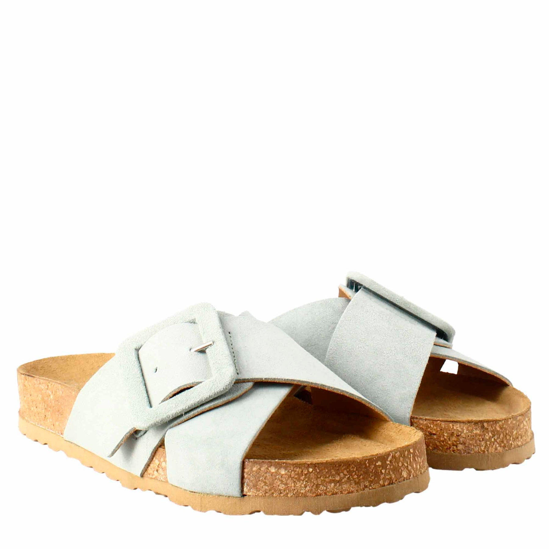 Woman's double band sandal and buckle in green suede 