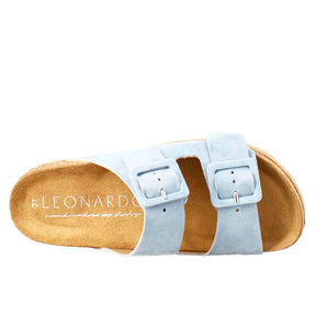 Woman's double buckle sandal in light blue suede