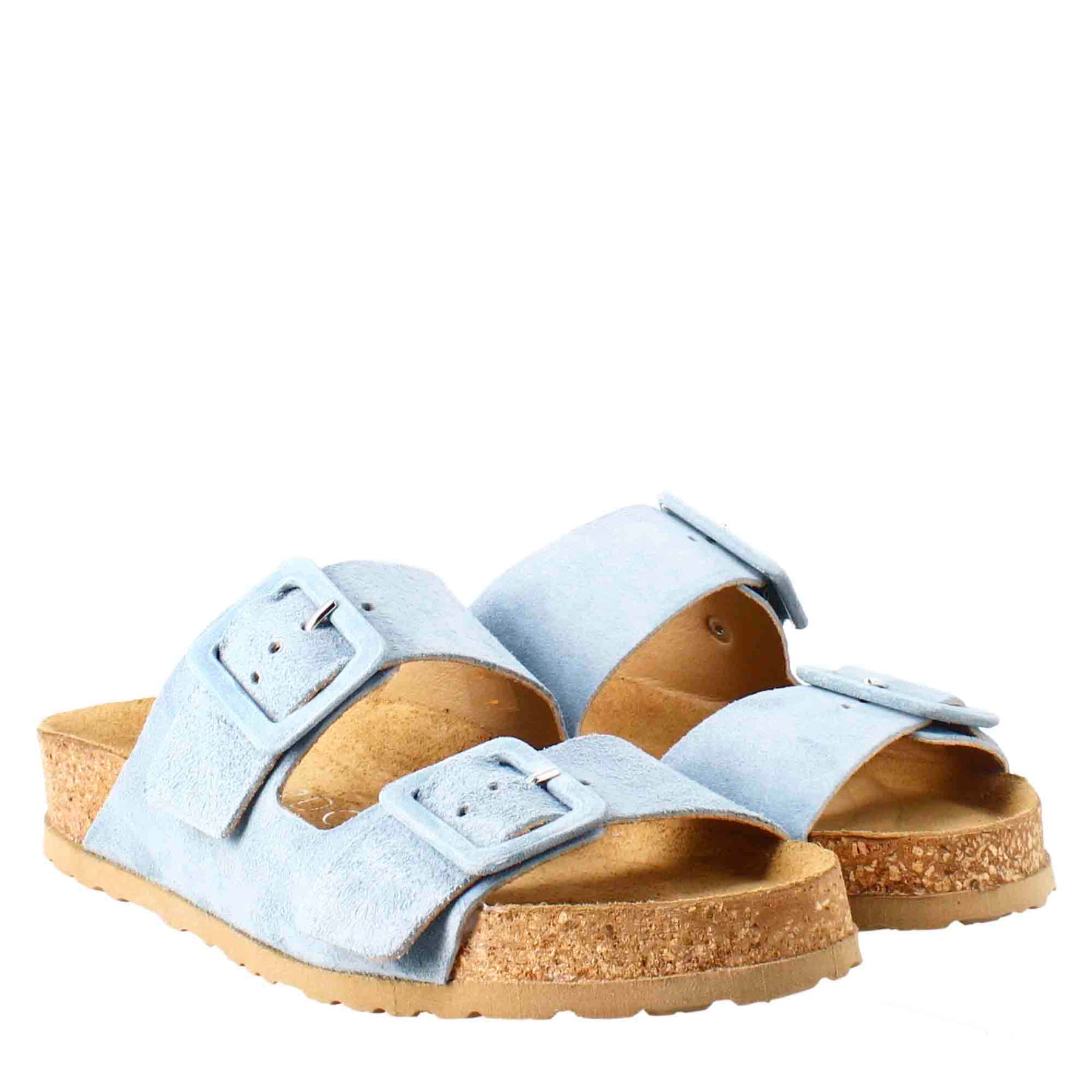 Woman's double buckle sandal in light blue suede