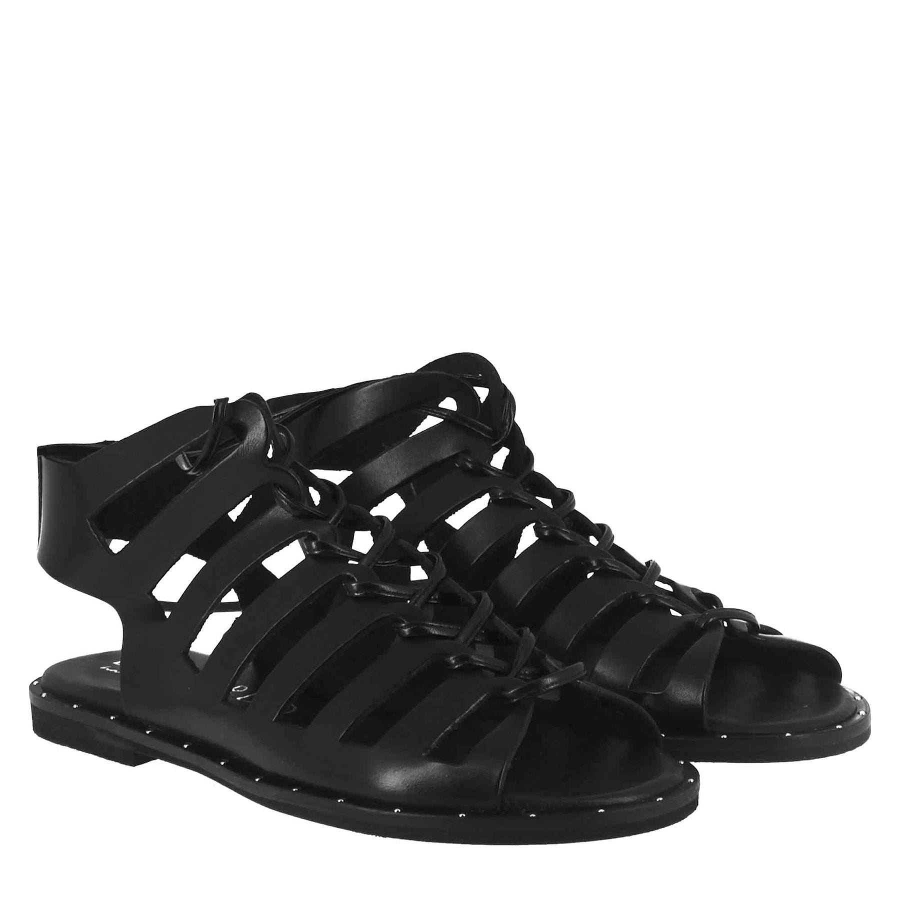 Sandale gladiateur pour femme avec lacets faits à la main en cuir noir 