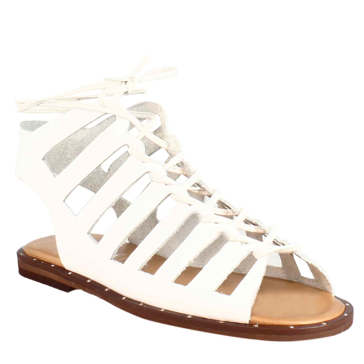 Sandalo gladiatore da donna con lacci fatti a mano in pelle bianca
