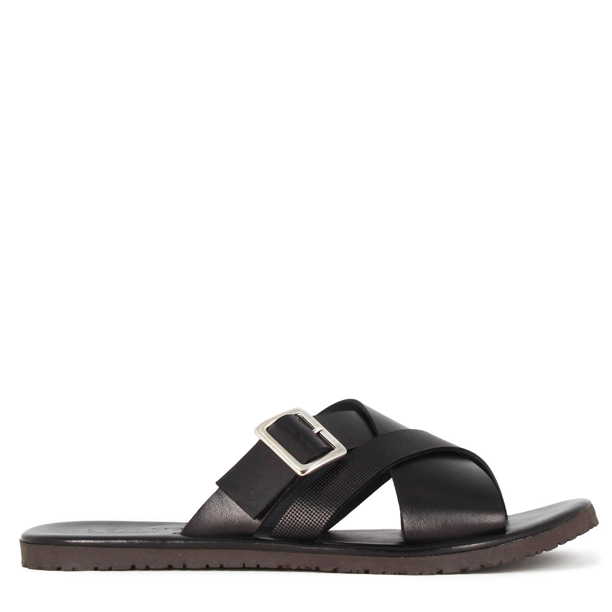 Men's slider sandal in black leather with buckle