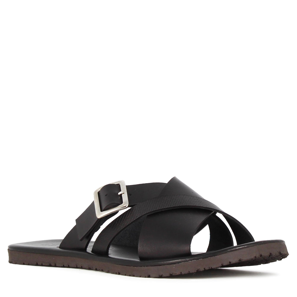 Men's slider sandal in black leather with buckle