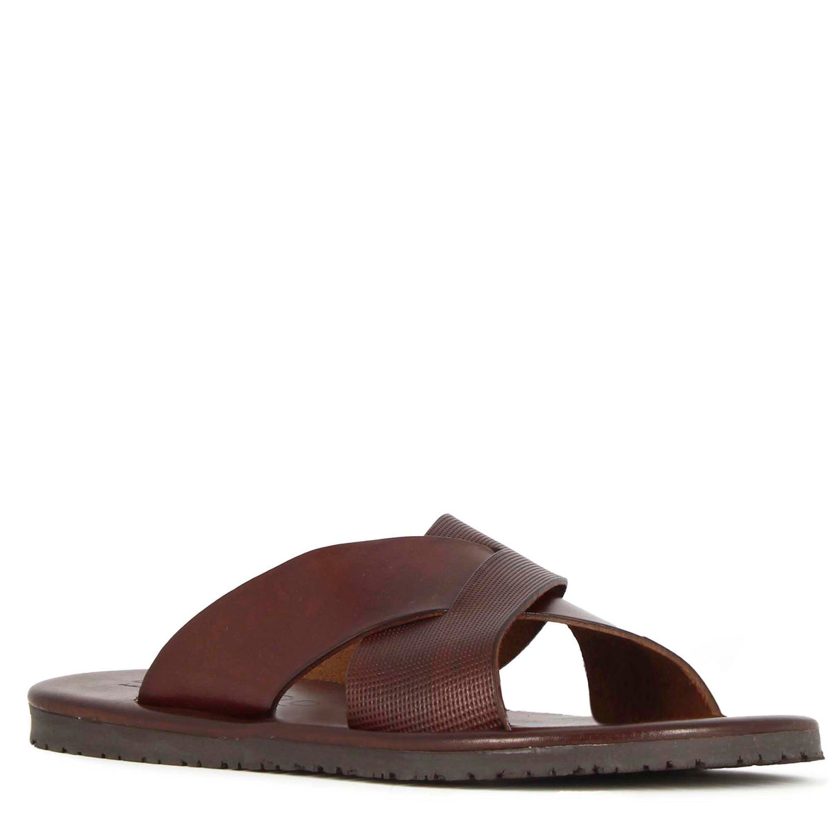 Brown leather men's cross-banded slider sandal
