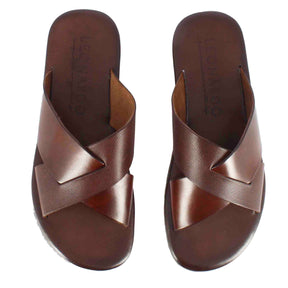 Braune Herren-Slider-Sandale aus Leder mit gekreuzten Bändern