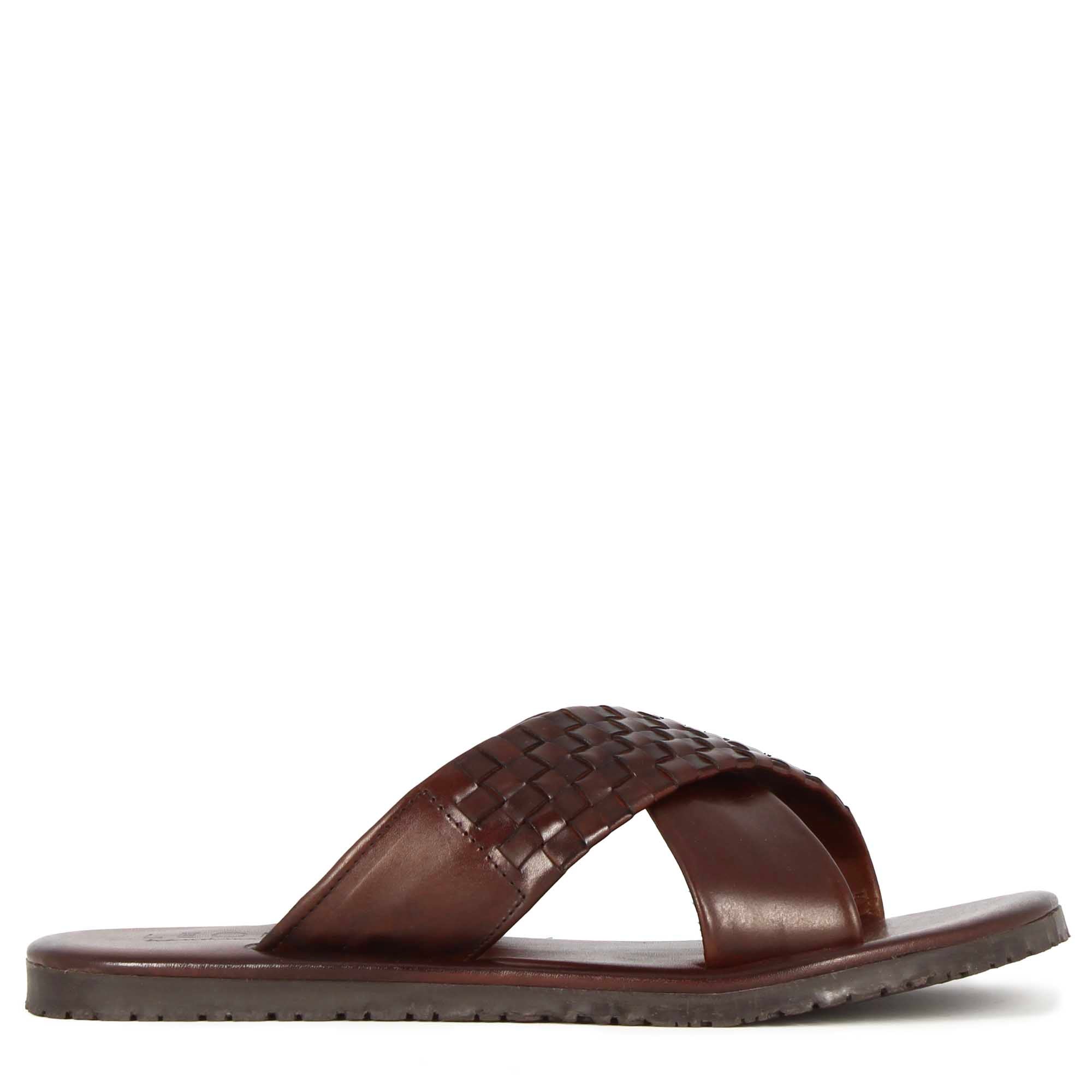 Handmade brown leather sandal slippers for men