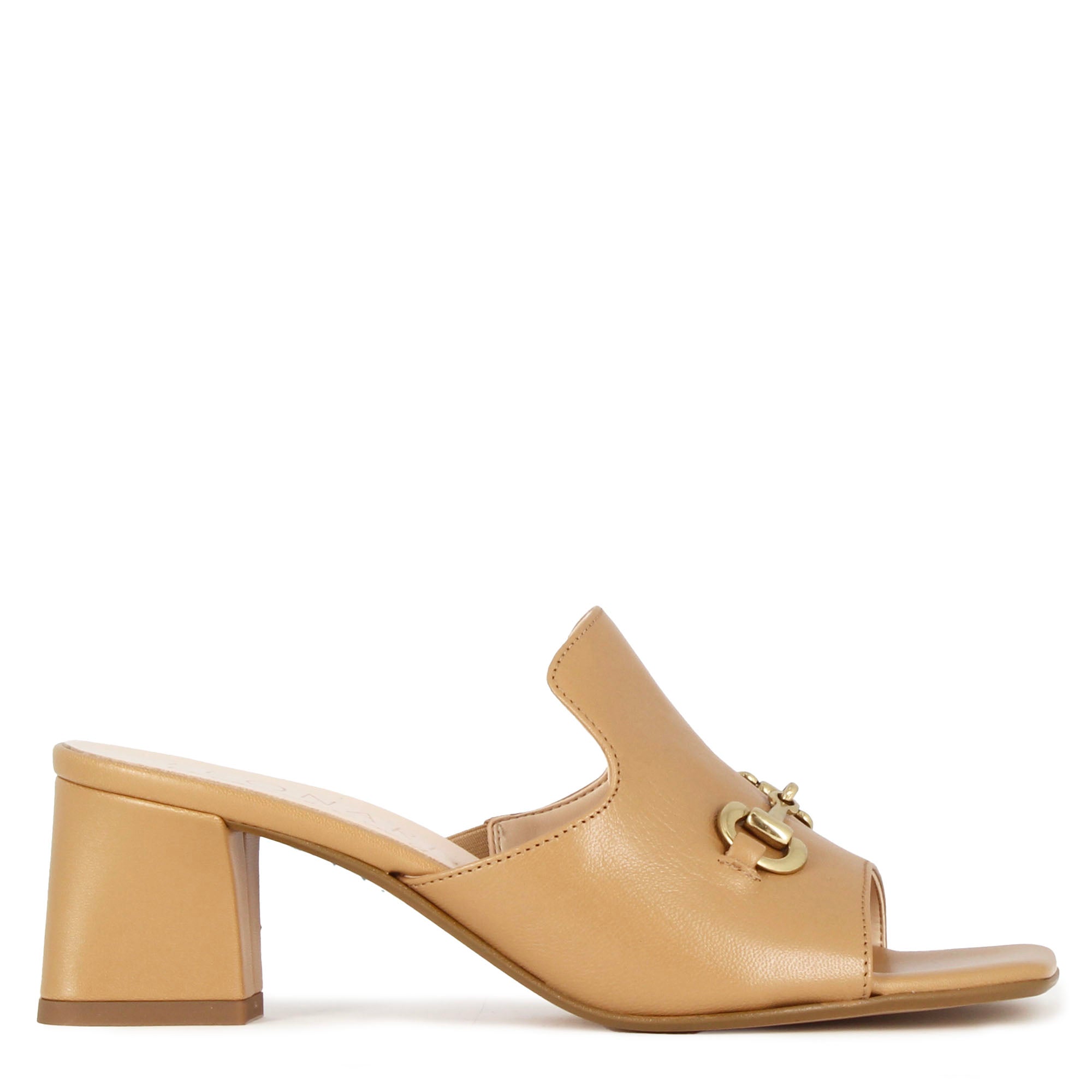 Sandalo slider da donna in pelle colore marrone chiaro con morsetto