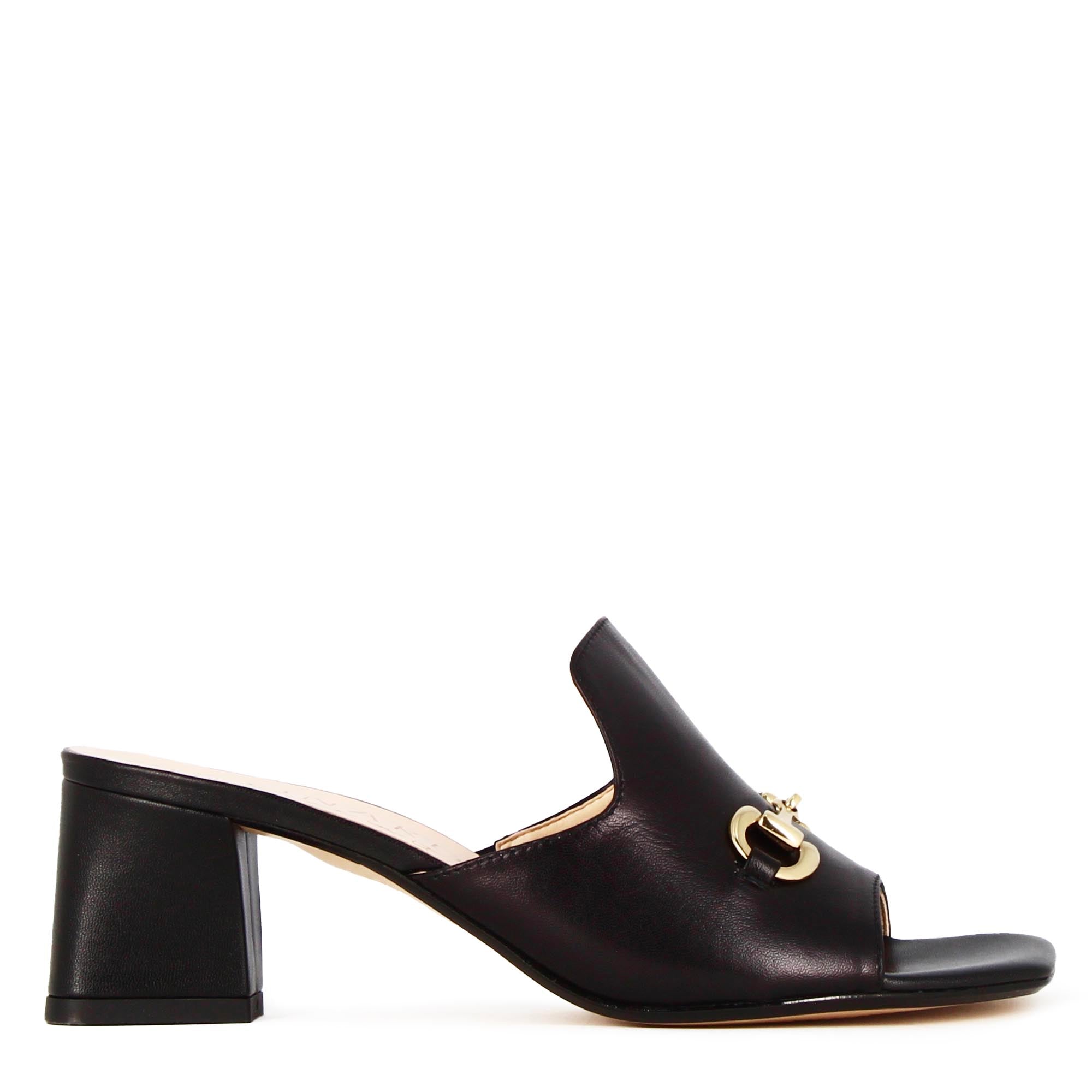 Sandale slide pour femme en cuir noir avec pince