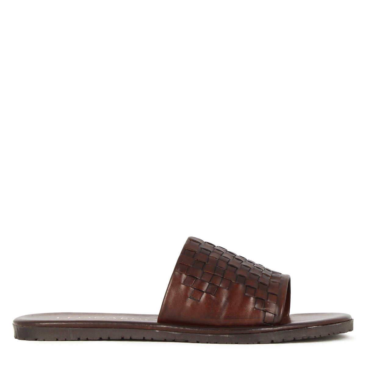Men's slide sandal with brown woven leather band