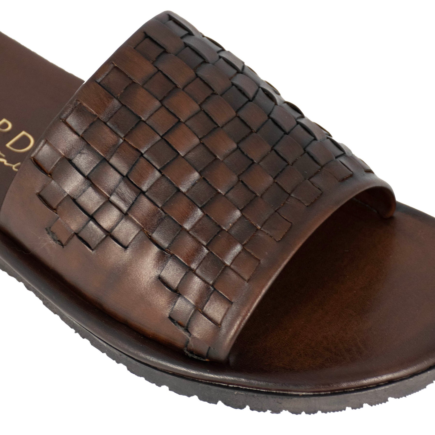 Sandalo slider da uomo con fascia in pelle intrecciata colore marrone