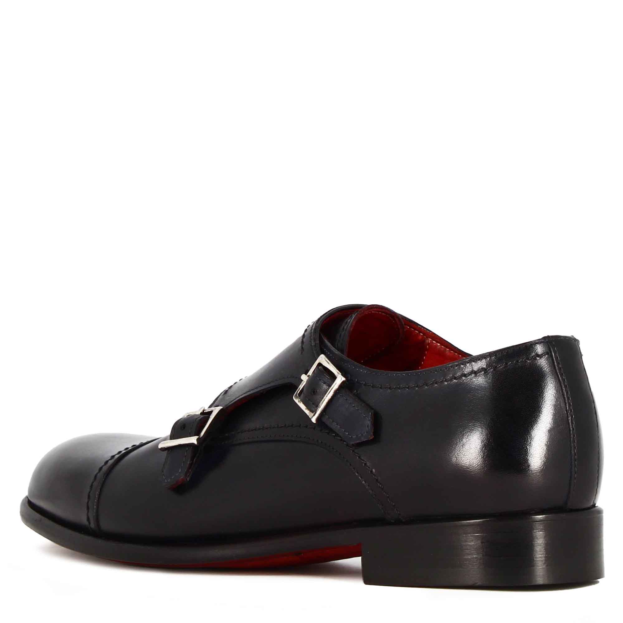 Herrenschuh mit doppelter Schnalle aus dunkelblauem Glattleder
