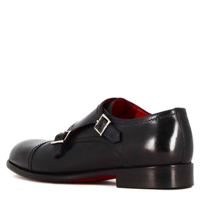 Men's double buckle shoe in dark blue smooth leather
