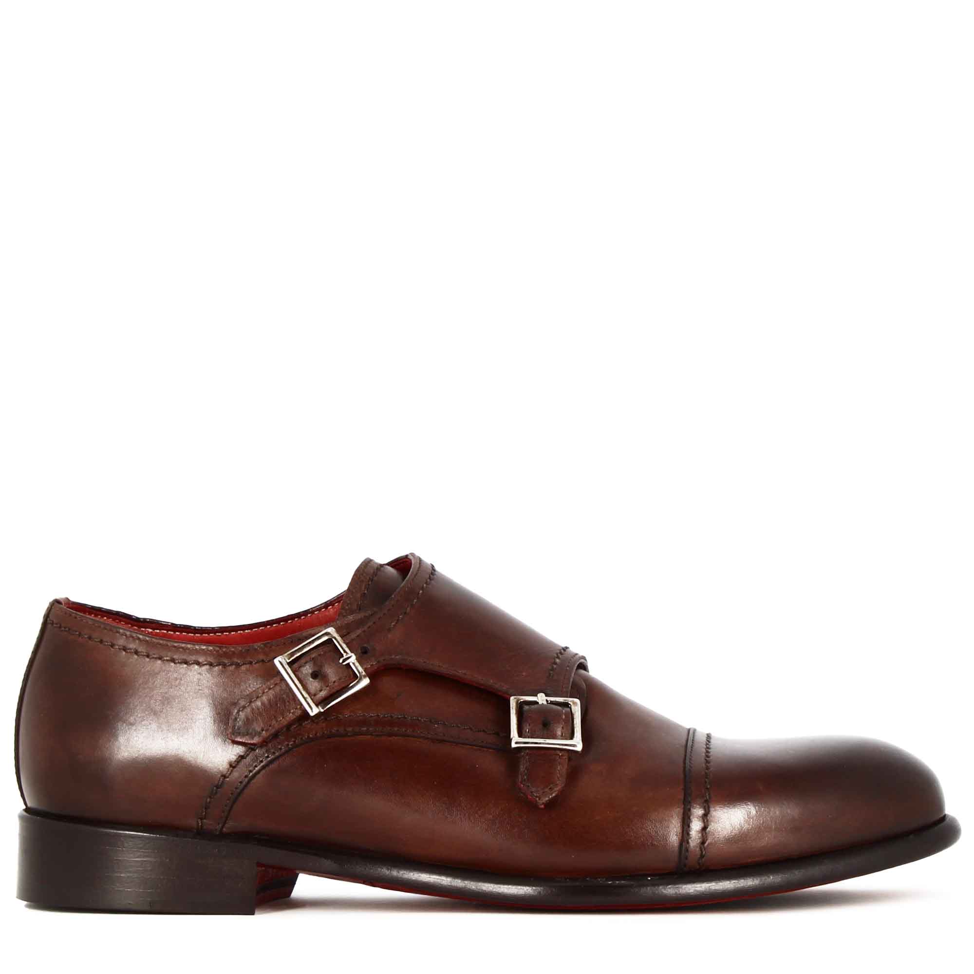 Italian shoe with double buckle for men in light brown suede