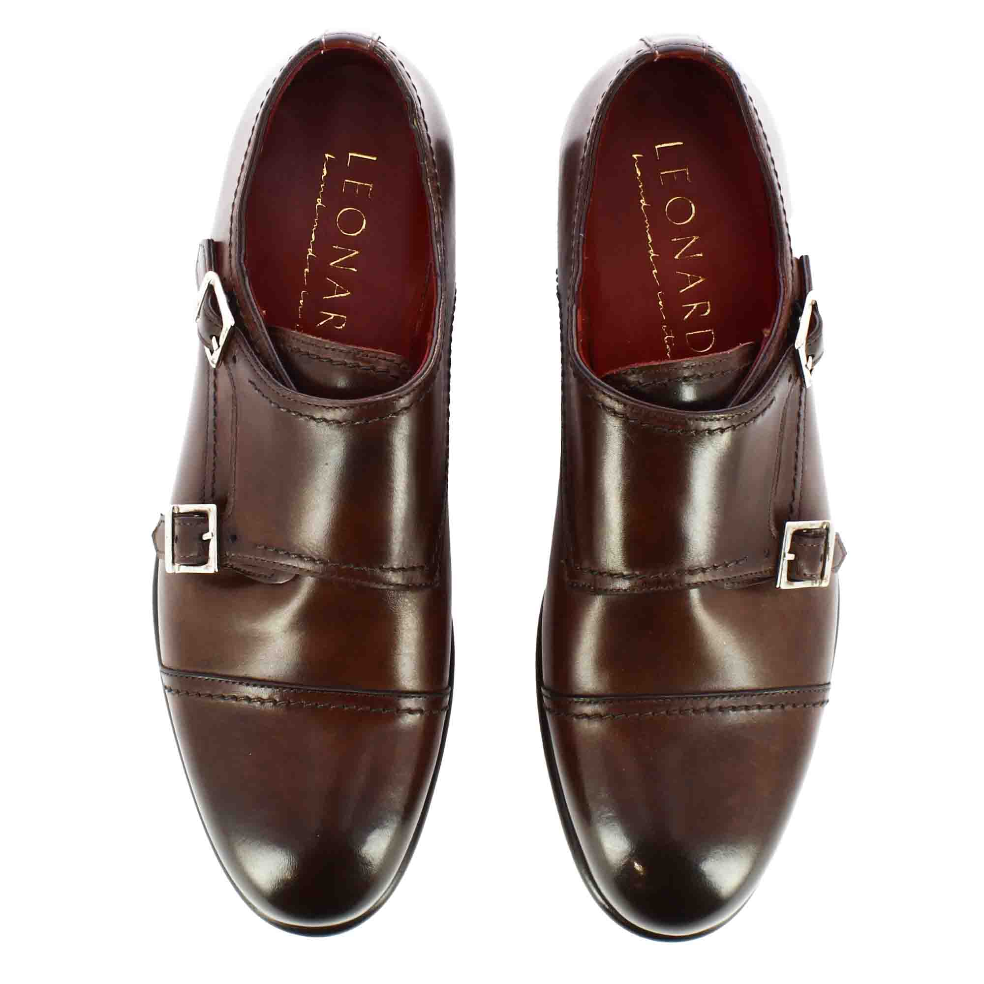 Italian shoe with double buckle for men in light brown suede